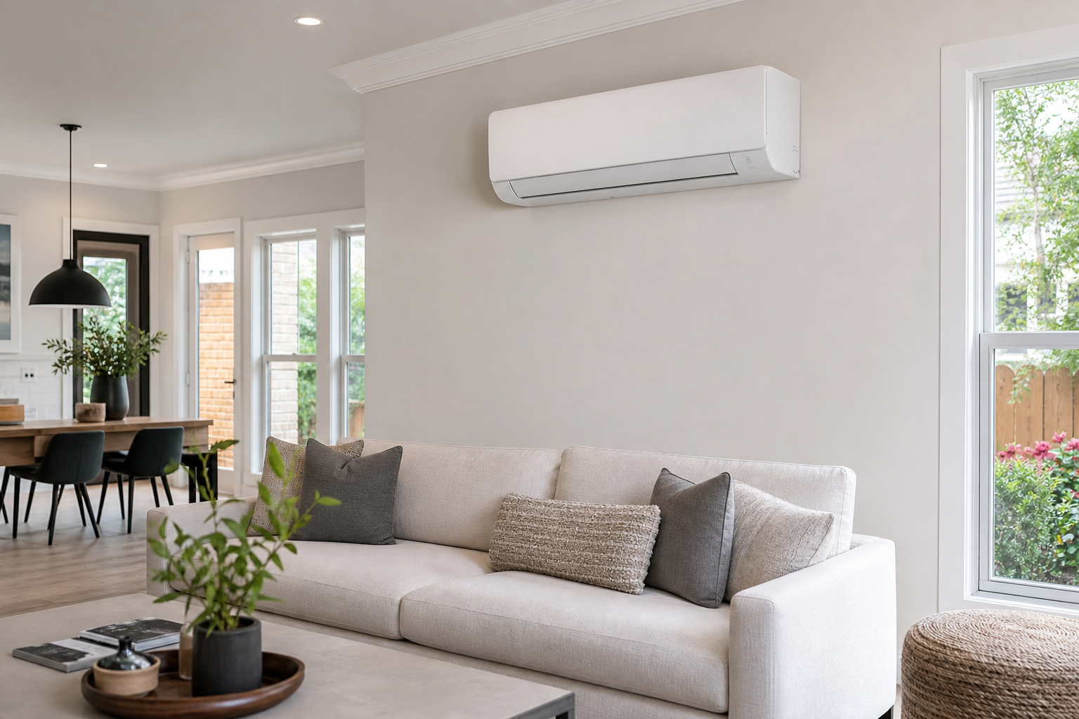 Ductless mini-split indoor wall unit mounted in a modern Houston home living room