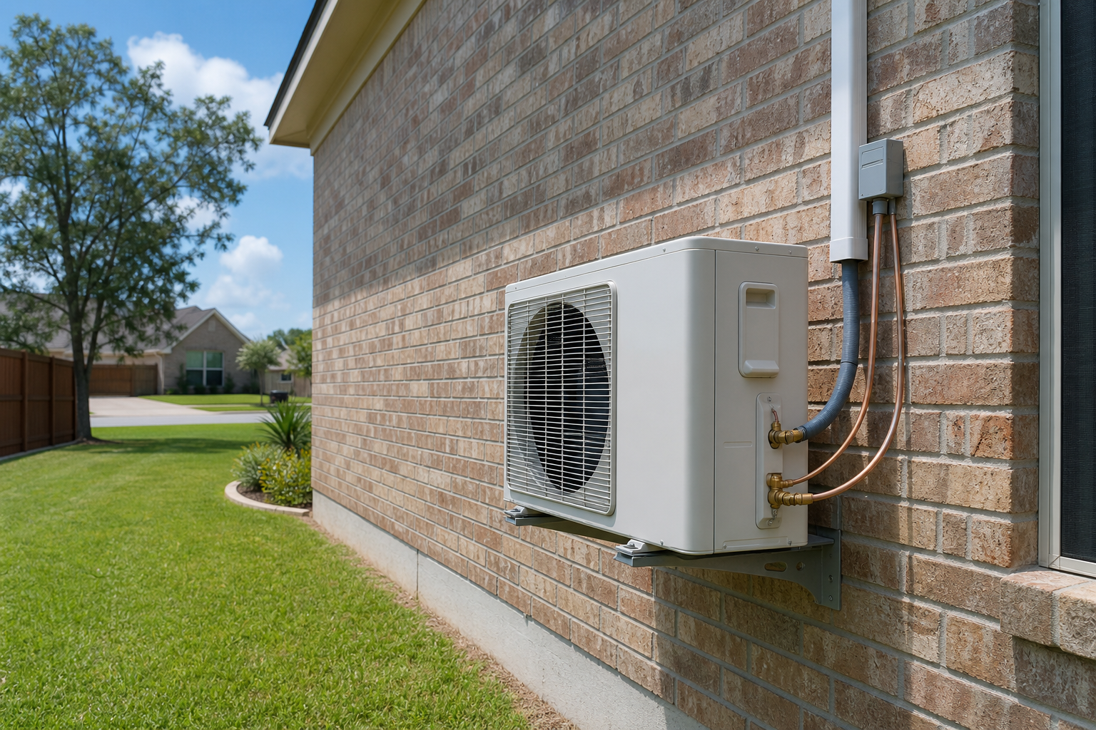 Mini-split outdoor condenser unit installed on the side of a Houston suburban home