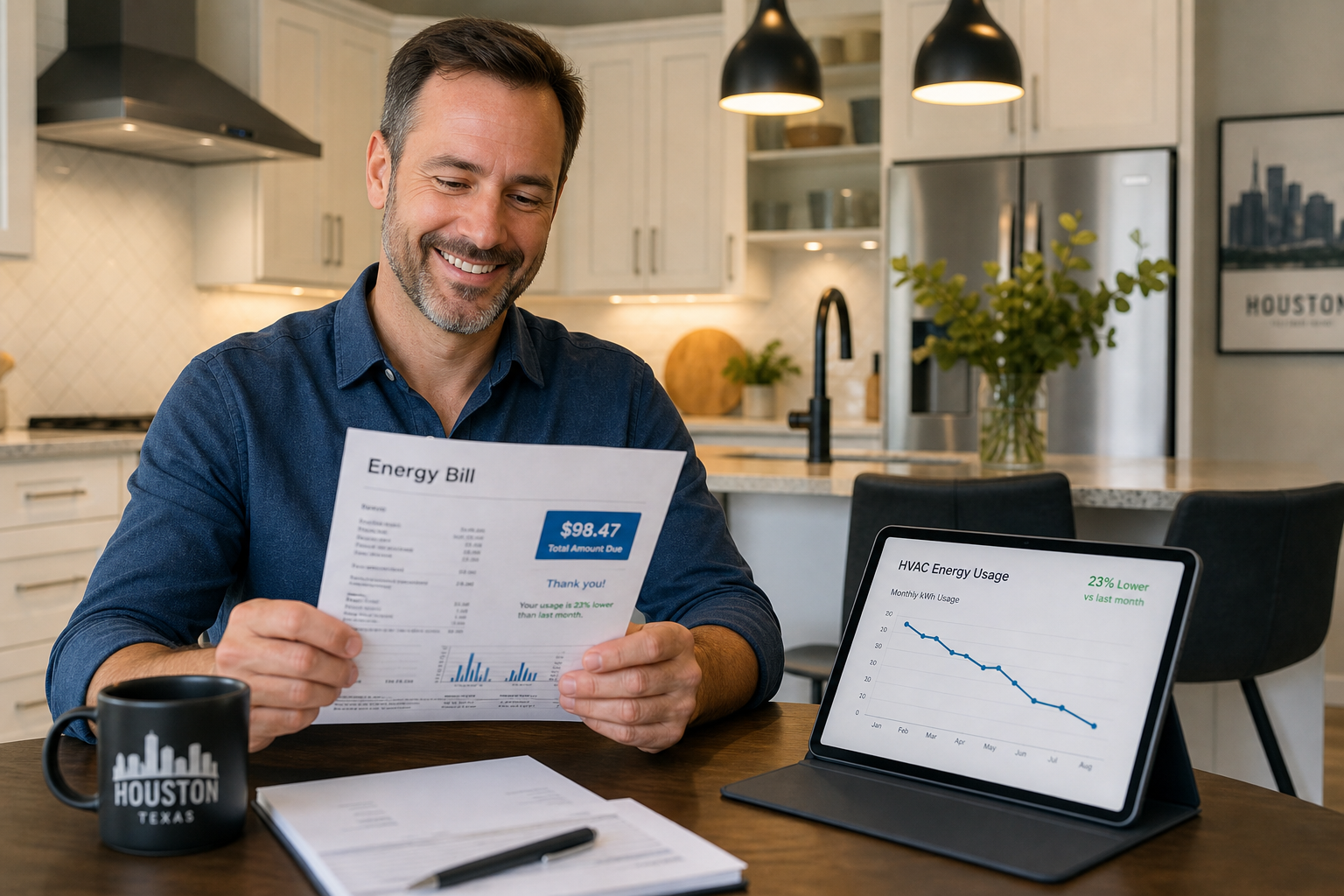 Houston homeowner reviewing a lower monthly energy bill after installing a smart thermostat