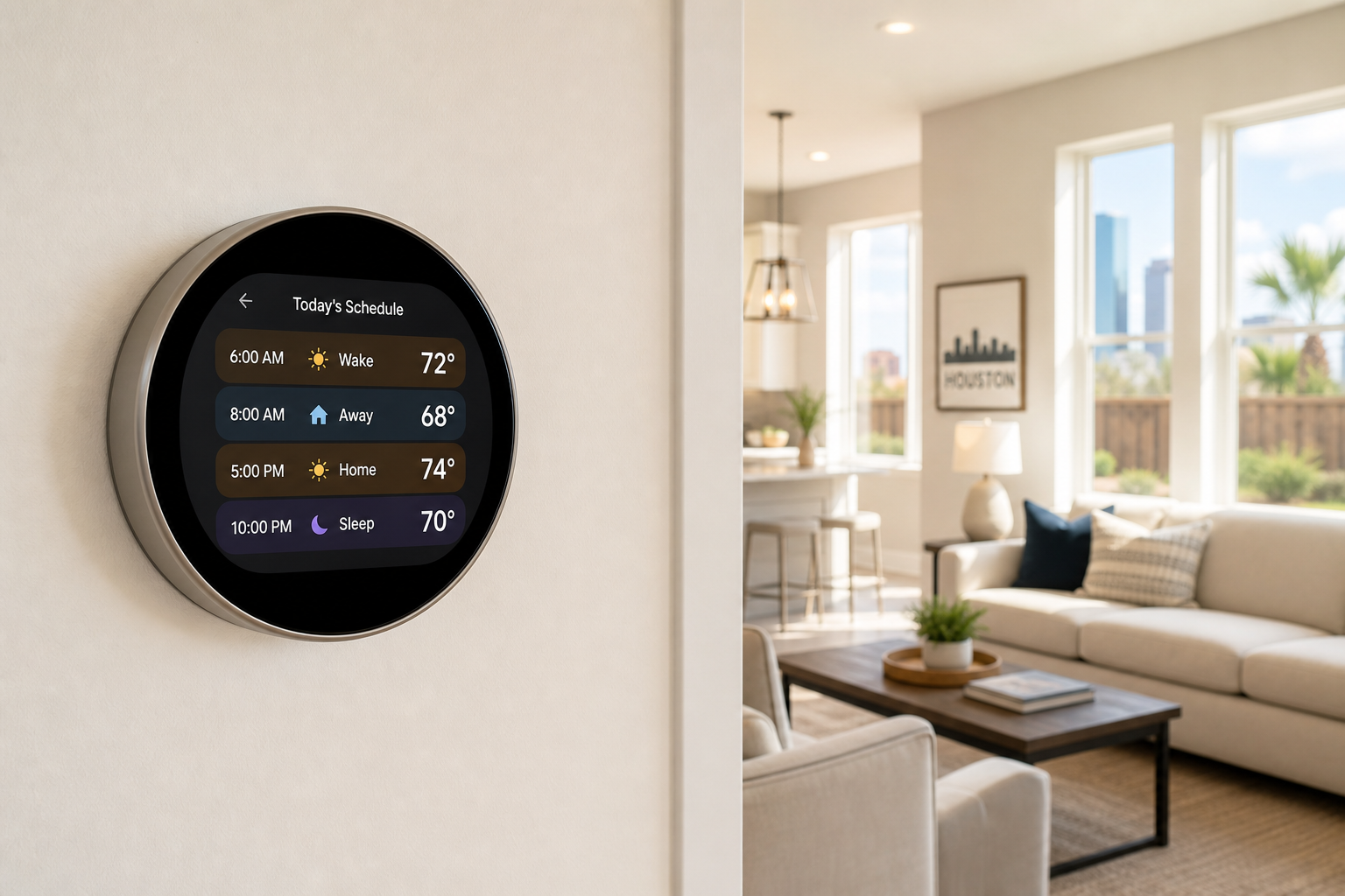 Smart thermostat mounted on a wall showing today's temperature schedule in a modern Houston home