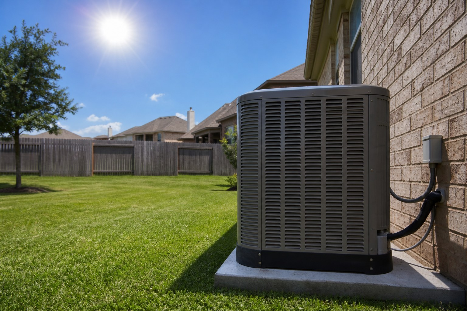 Outdoor AC condenser unit running in intense Houston summer heat with a suburban home in the background