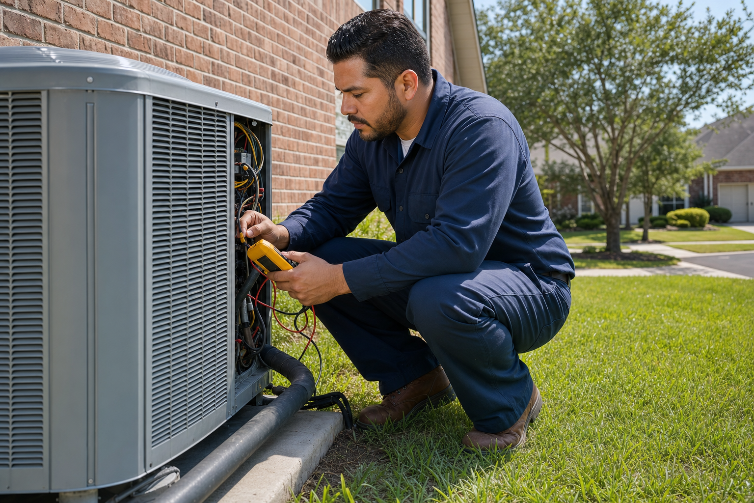 HVAC technician inspecting an air conditioning system at a Houston home before summer