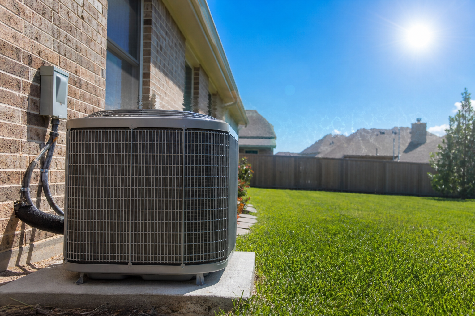 Outdoor AC condenser running during a hot Houston summer day with heat waves visible in the air