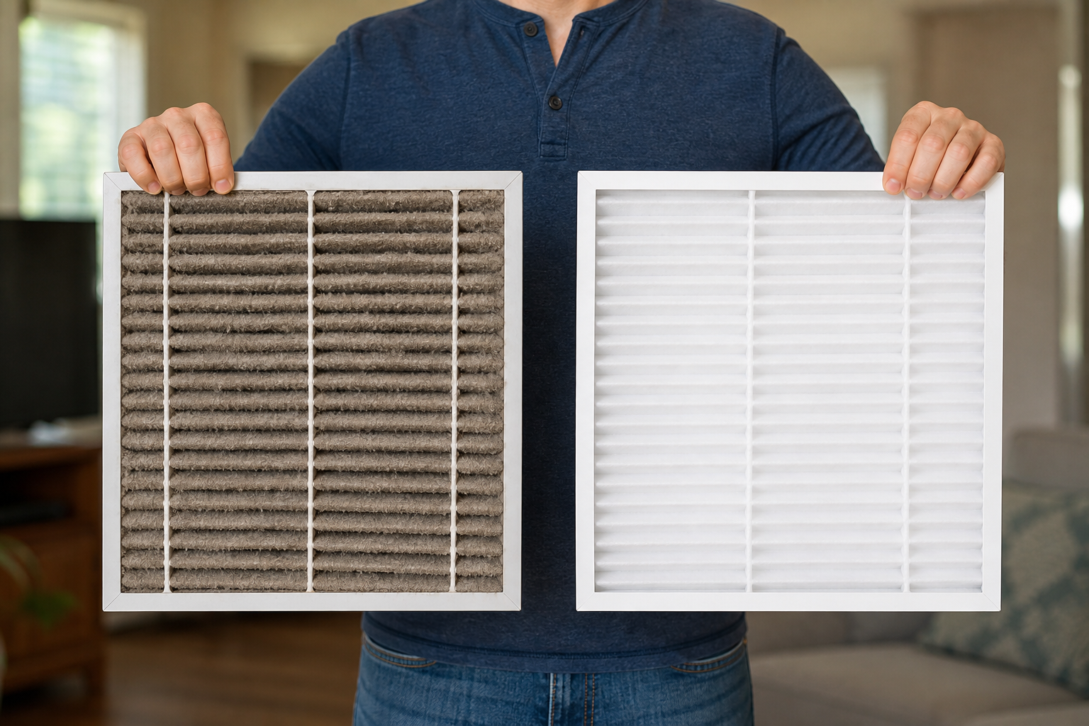 Clogged dirty AC air filter held up next to a clean filter to show the difference in airflow restriction