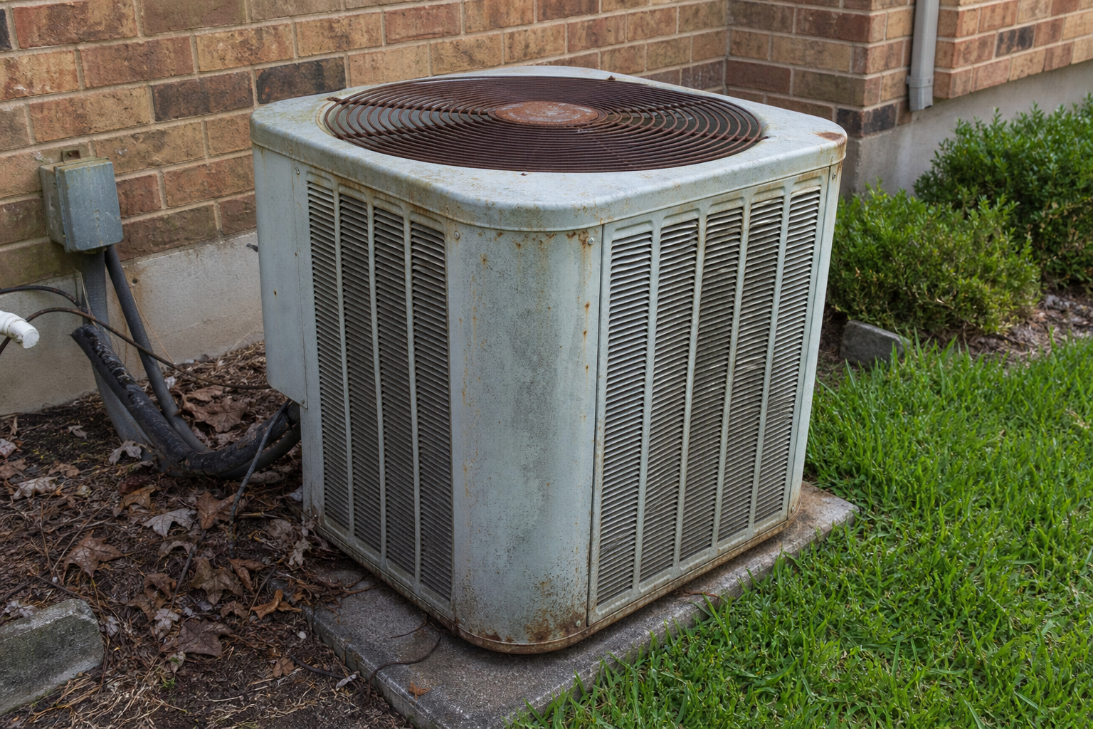 Aging outdoor AC condenser unit beside a Houston home showing wear and weathering