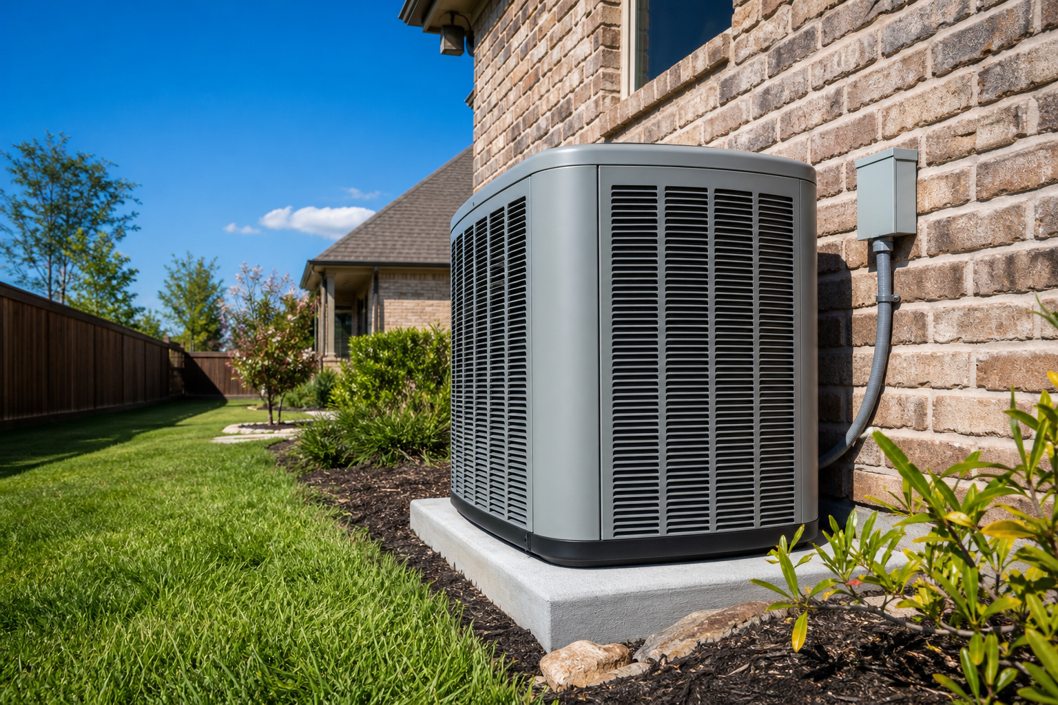 High-efficiency air conditioning condenser unit outside a Houston home on a hot summer day