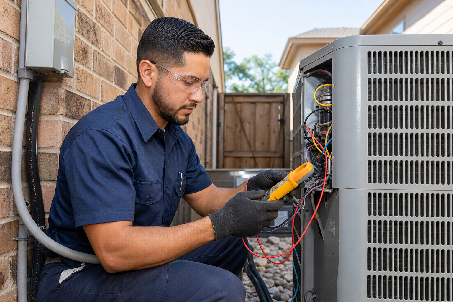 HVAC technician inspecting and maintaining an air conditioning system at a Houston home