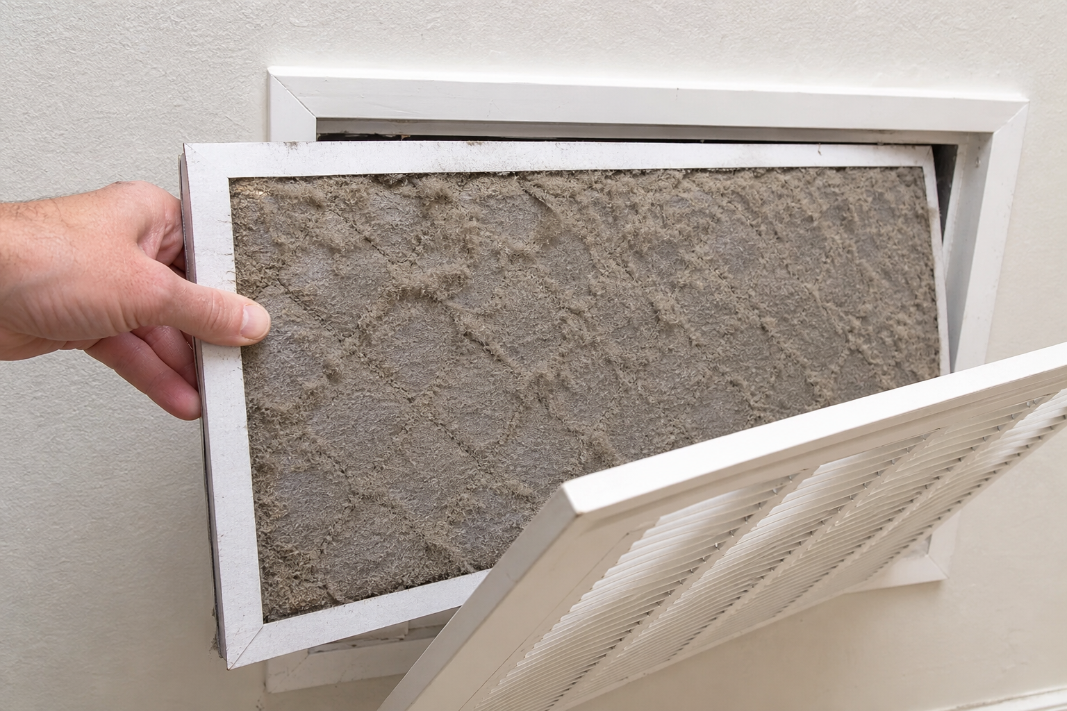 Clogged dirty air filter restricting airflow in a home HVAC return vent