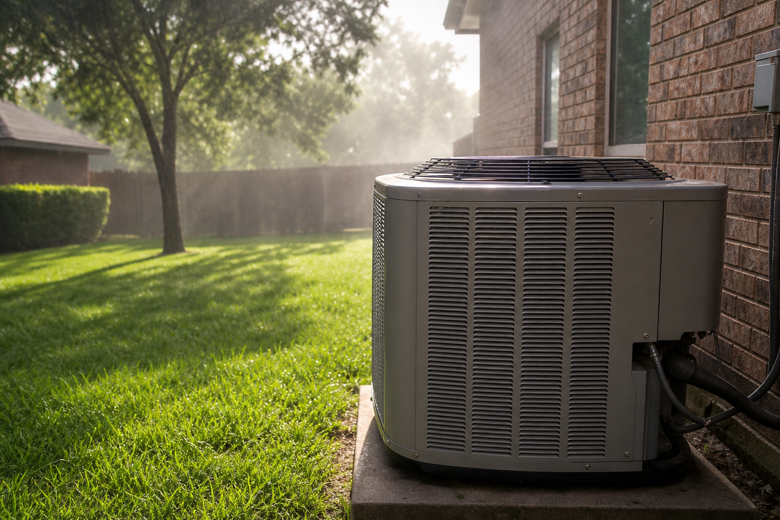 Outdoor AC condenser running on a hot humid Houston summer day with heat haze in the air