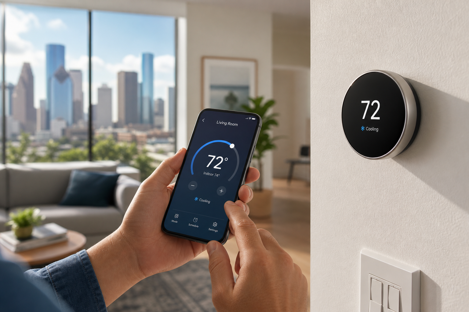 Homeowner adjusting a smart thermostat with a smartphone app in a Houston home