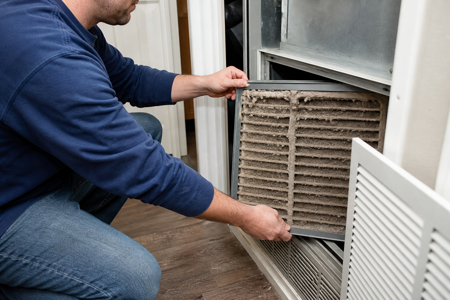 Homeowner checking a dirty clogged air filter that can restrict airflow and cause a frozen AC