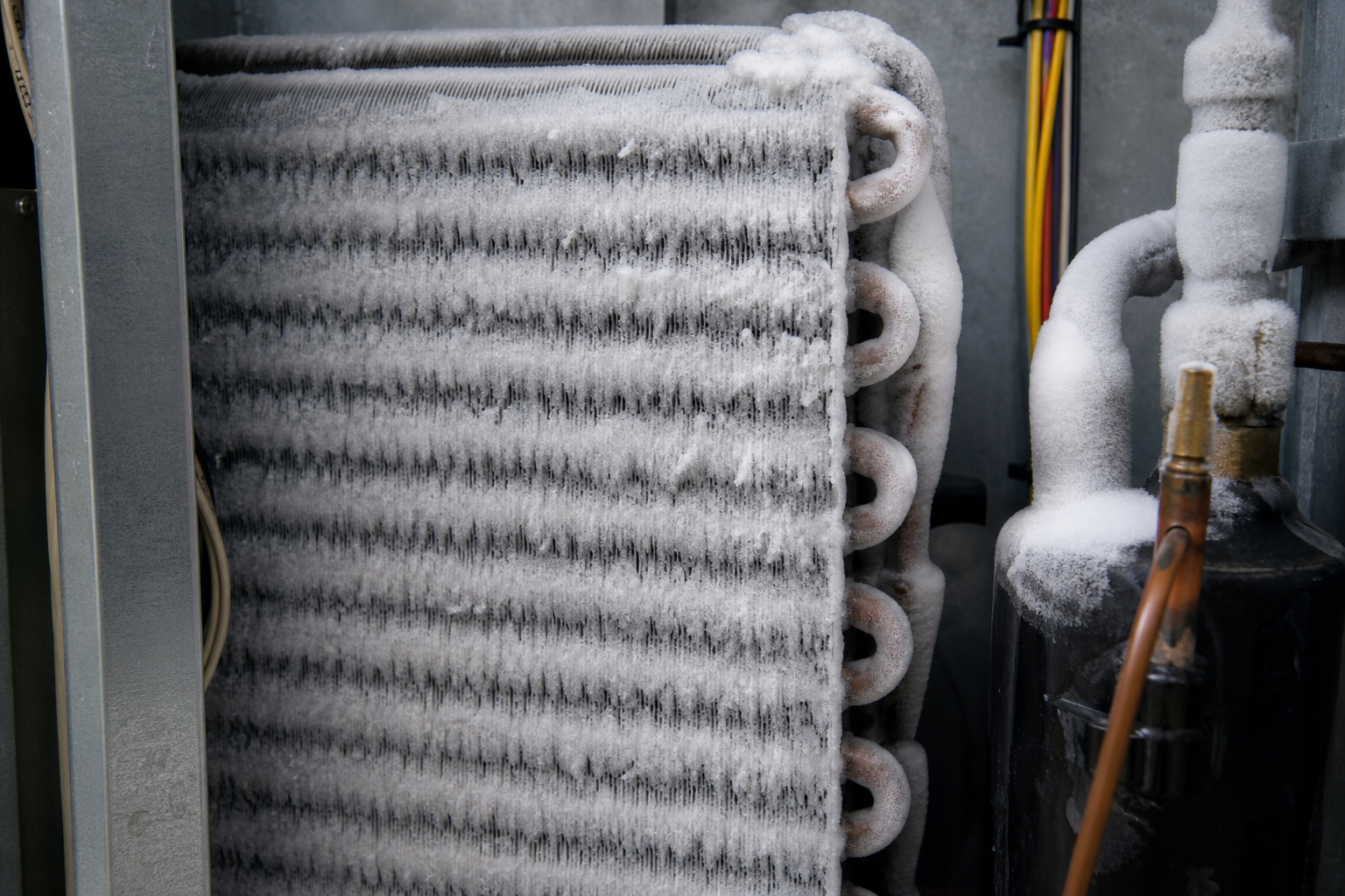 Evaporator coil and refrigerant lines covered in ice during a Houston summer AC freeze-up