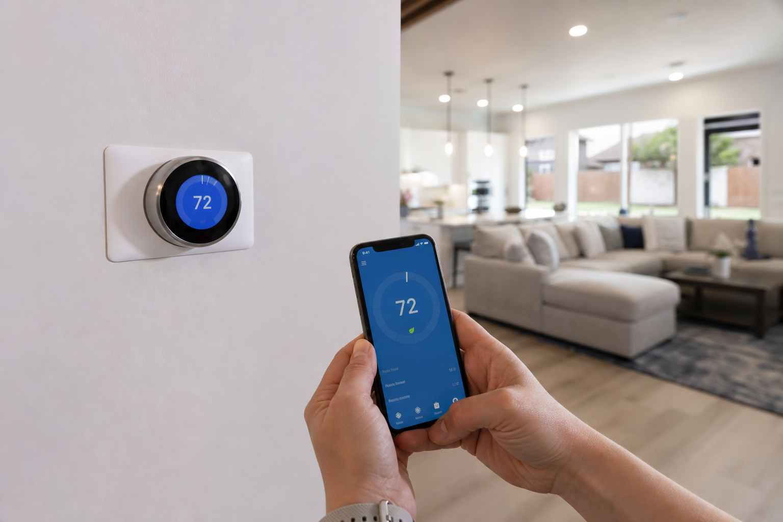 Smart thermostat on a Houston home wall with remote app control for better HVAC awareness