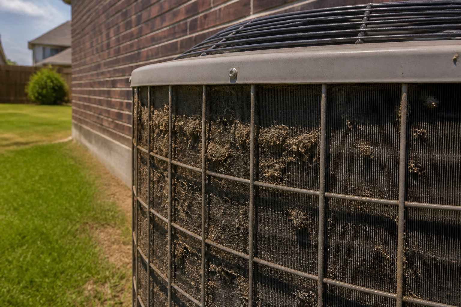 Dirty outdoor AC condenser coils reducing cooling efficiency and raising Houston electric bills