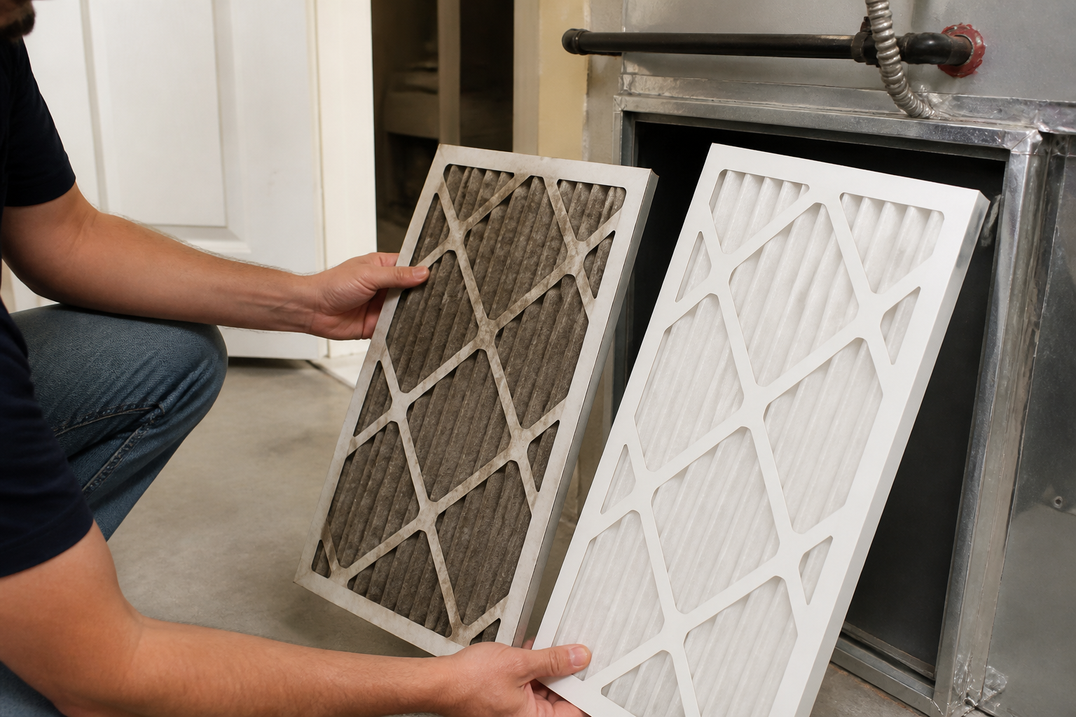 Homeowner replacing a dirty HVAC air filter before back-to-school season in Houston