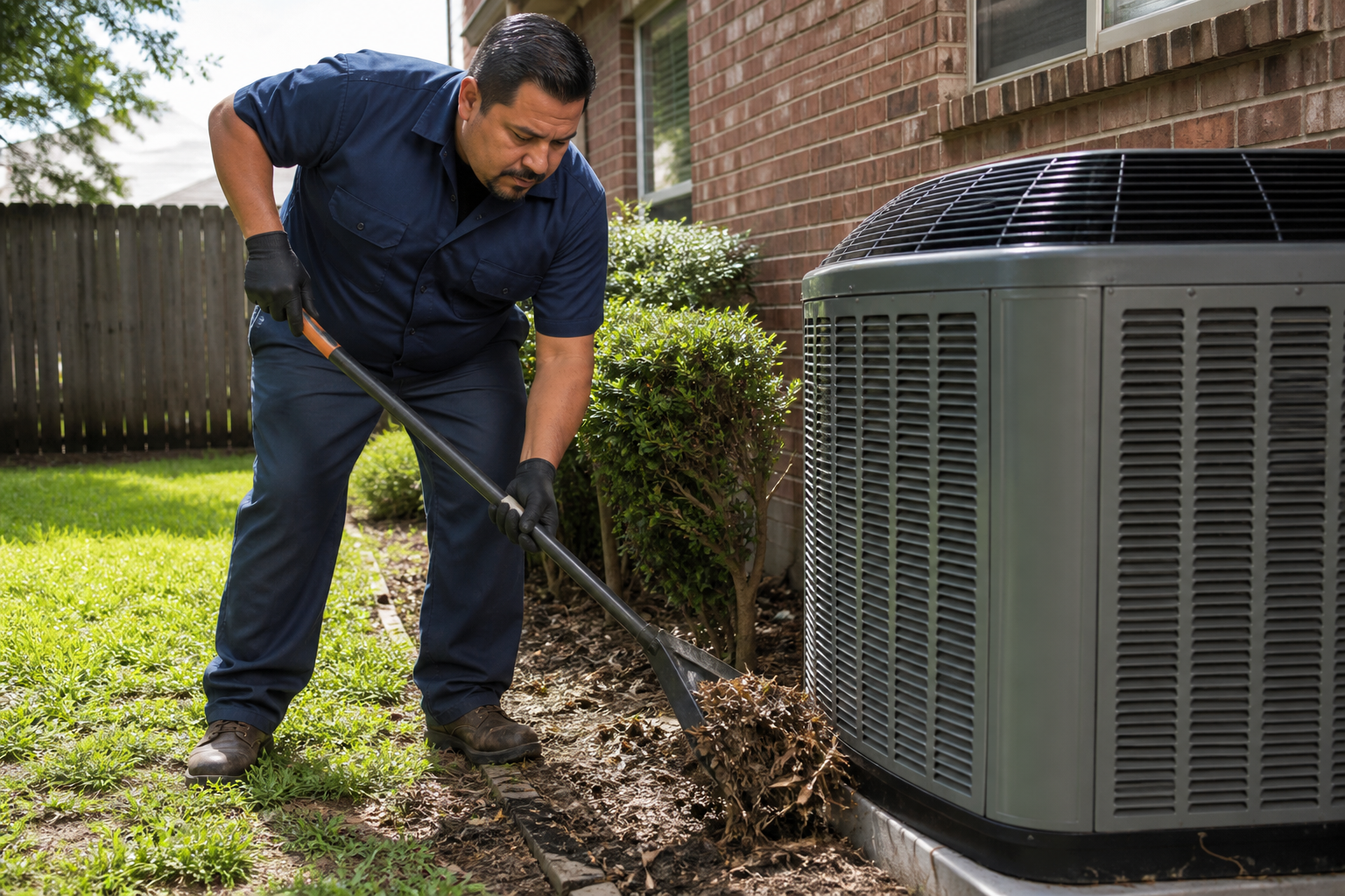 HVAC technician clearing debris around an outdoor AC condenser unit in Houston
