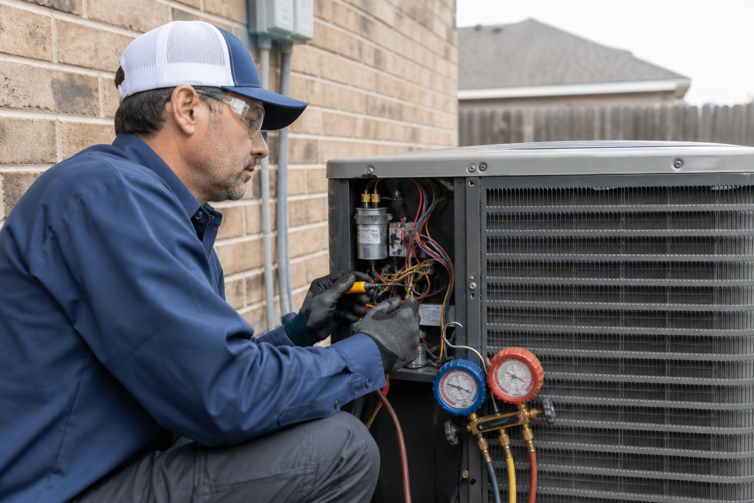 HVAC technician inspecting a residential AC system for efficiency problems in Houston