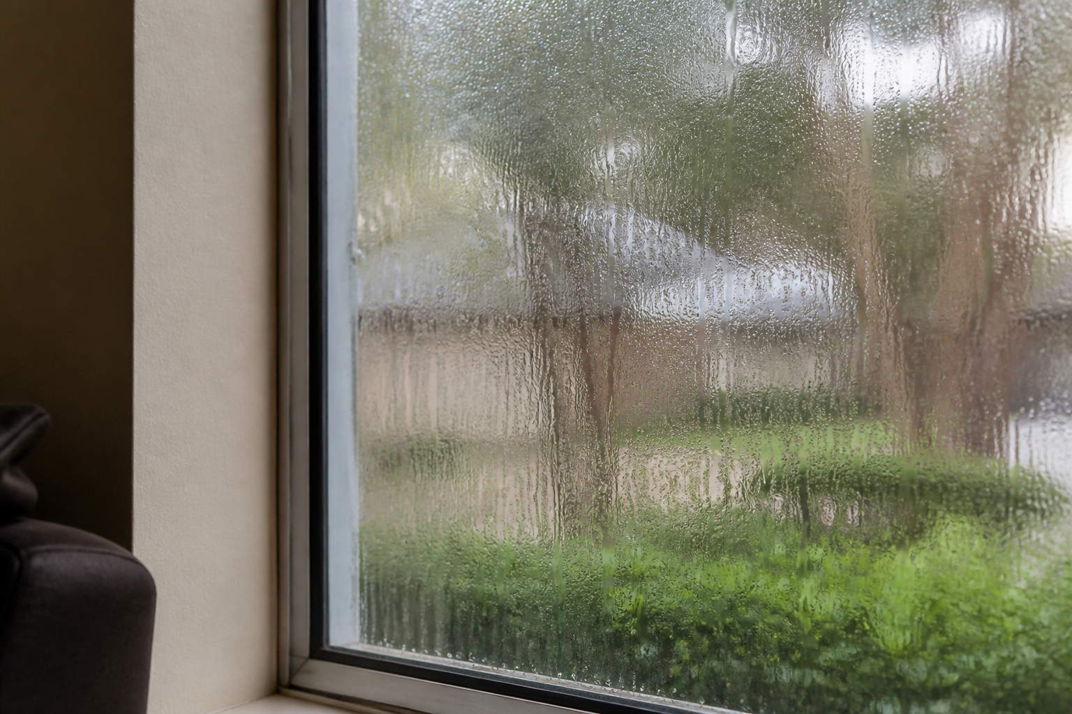 Condensation on windows in a humid Houston home even while the air conditioner is running