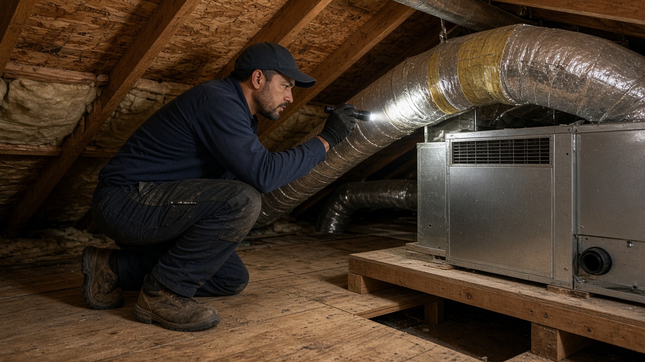 HVAC technician inspecting attic ductwork and air handler in a Houston home
