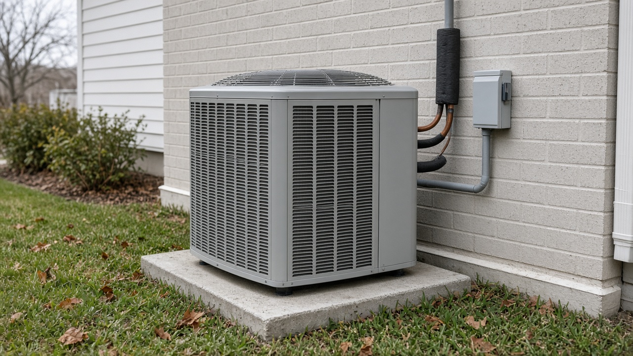 Heat pump outdoor unit on a concrete pad beside a Houston home