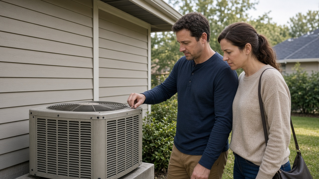 Home buyer inspecting an outdoor air conditioning condenser during a Houston home purchase