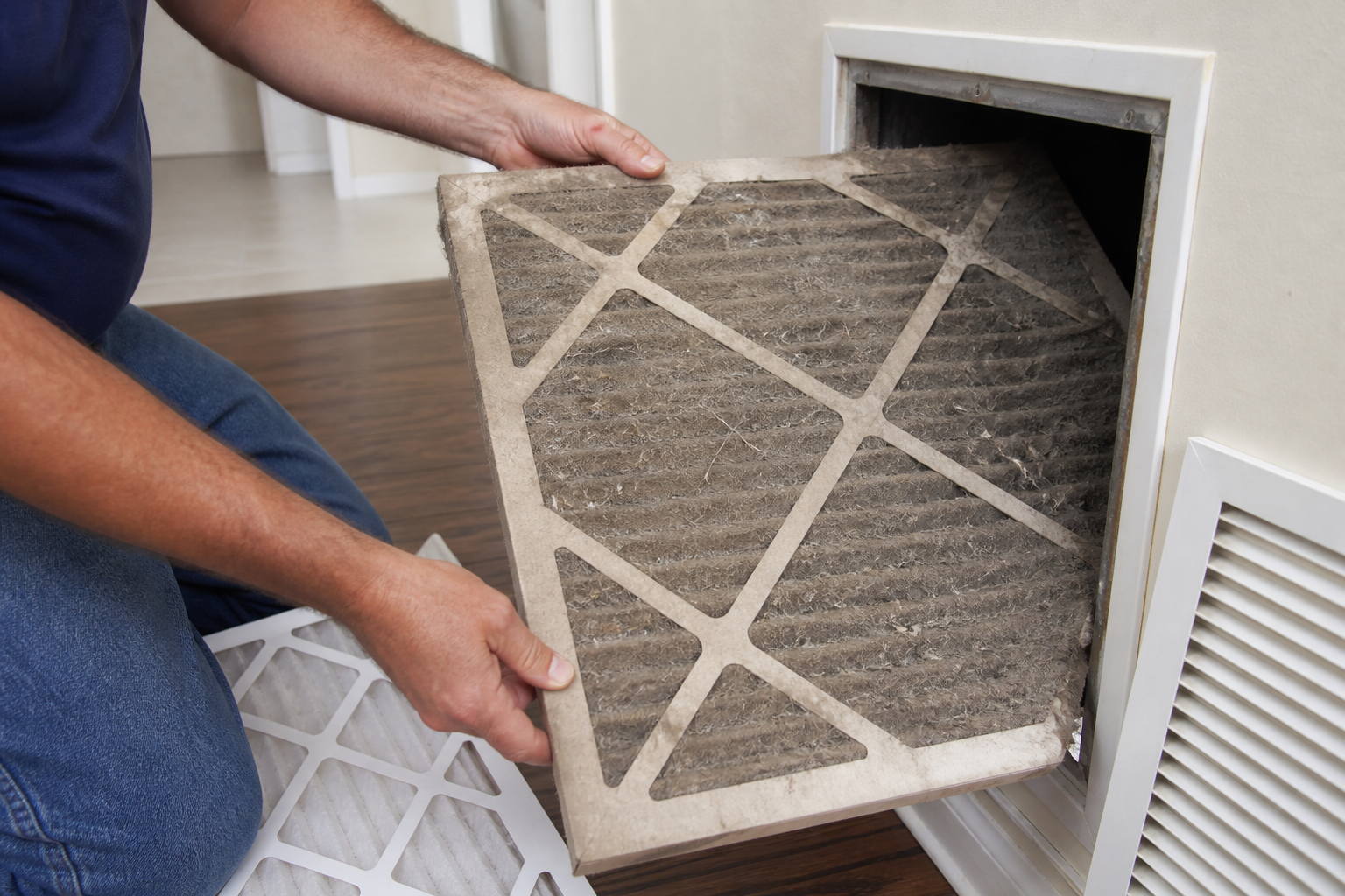 Clogged HVAC air filter being replaced after a long Houston cooling season