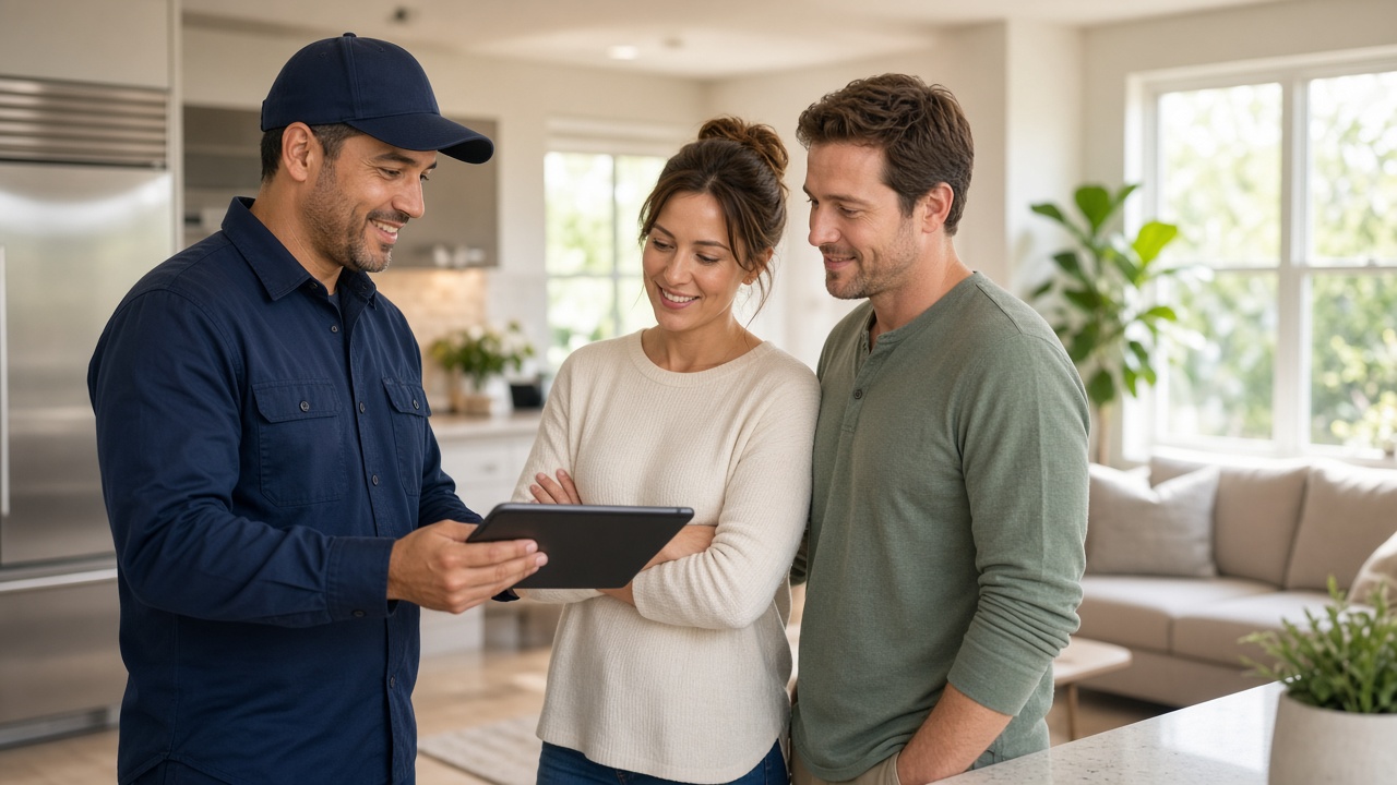 HVAC technician discussing heat pump options with a Houston homeowner