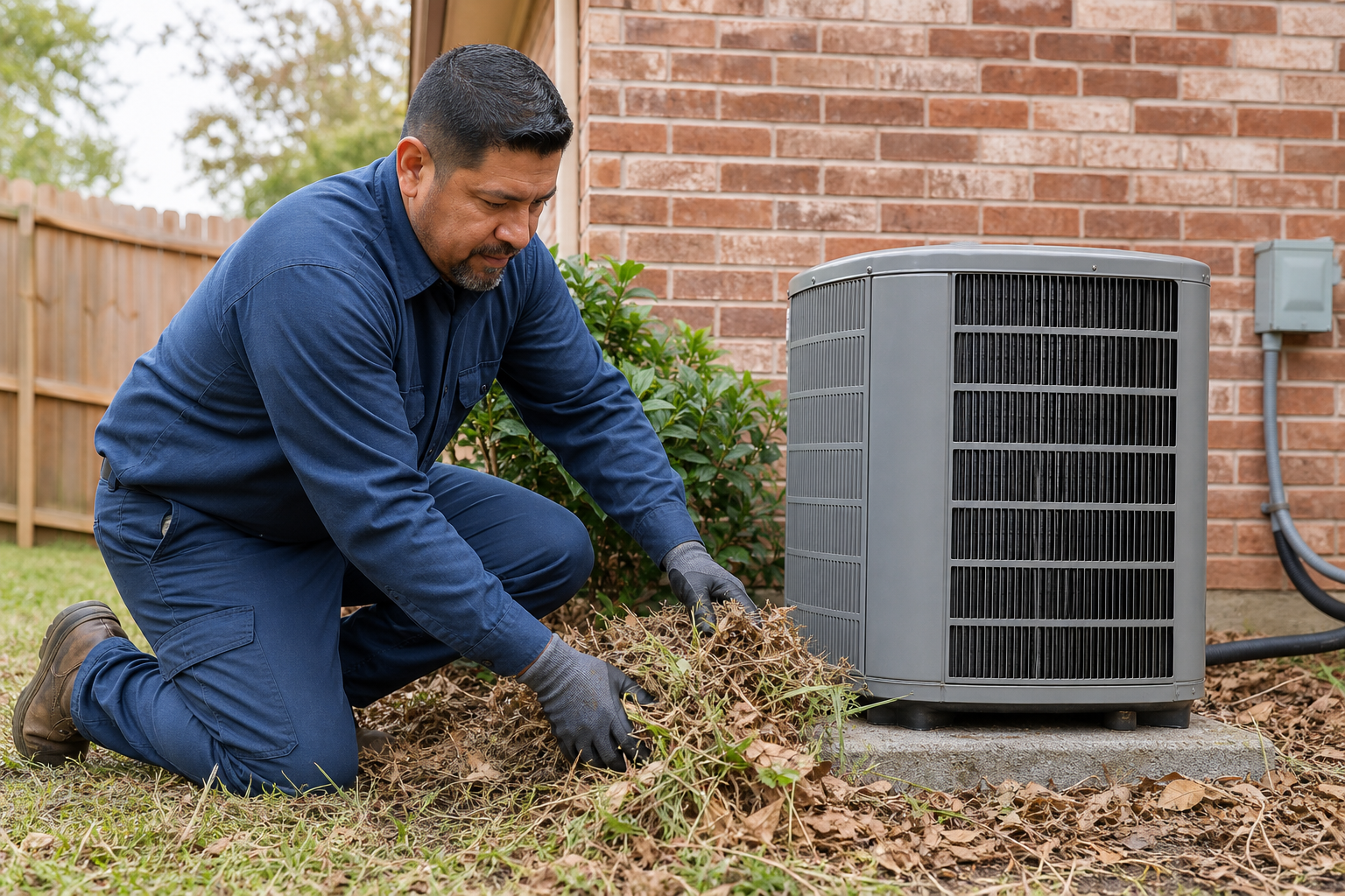 HVAC technician clearing debris from around an outdoor AC condenser after Houston summer