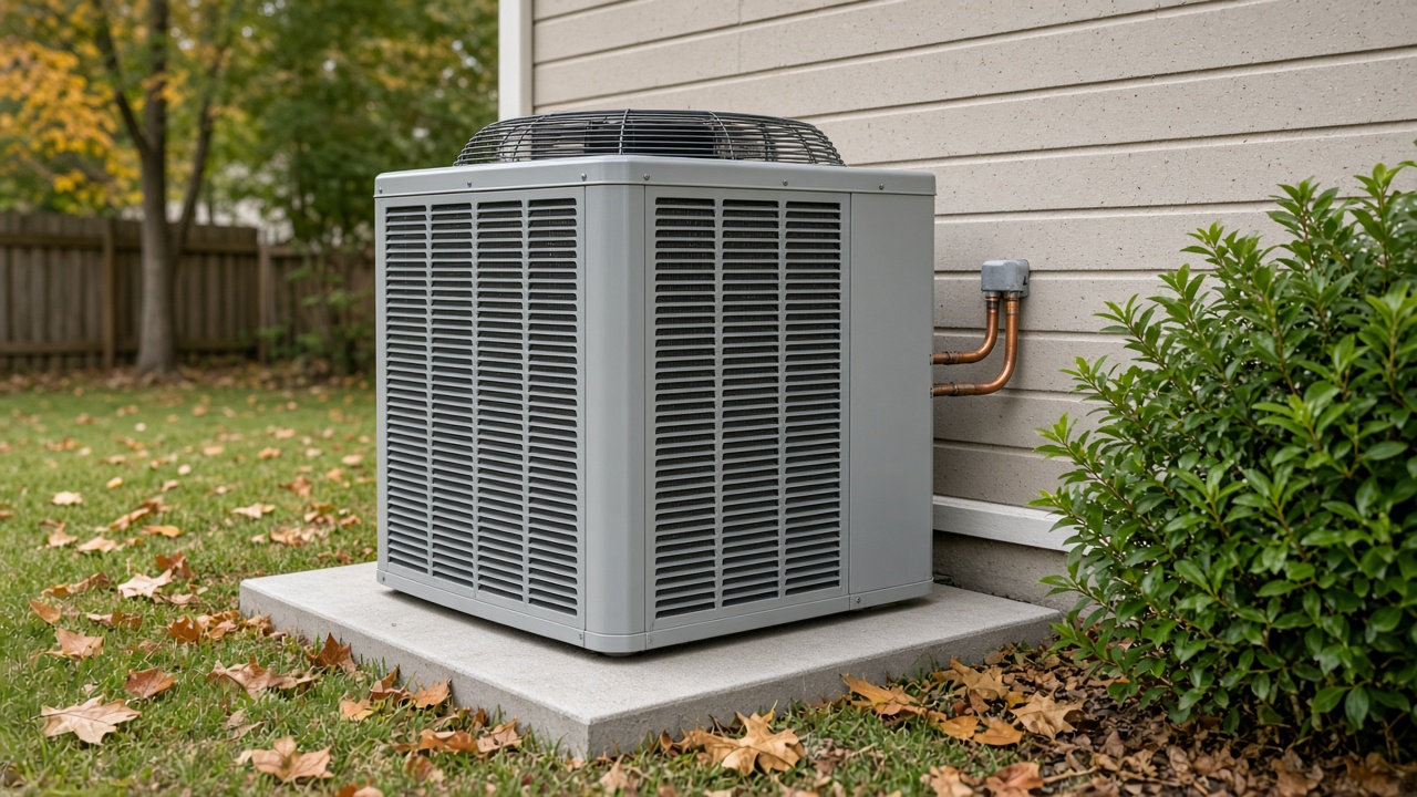 Clean outdoor air conditioning condenser with clearances free of leaves and debris in a Houston yard