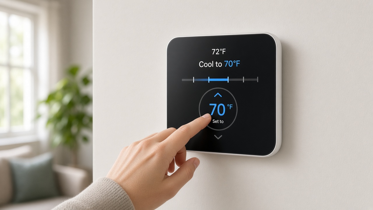 Homeowner adjusting a wall thermostat during Houston fall shoulder season