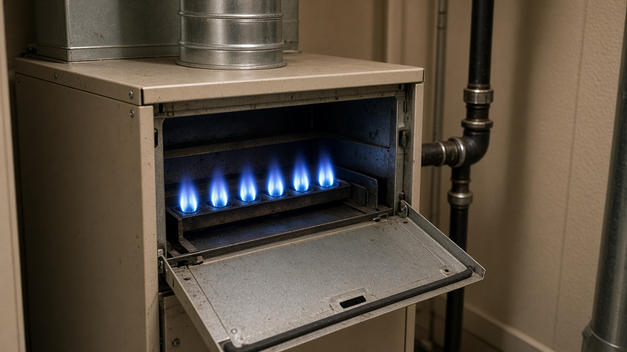 Gas furnace with blue burner flames visible in a Houston home utility closet