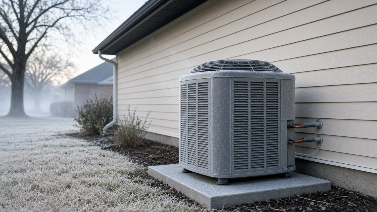 Heat pump outdoor unit with light frost on a cold Houston winter morning