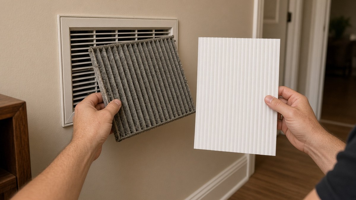 Homeowner replacing a dirty HVAC air filter with a clean one before winter in Houston